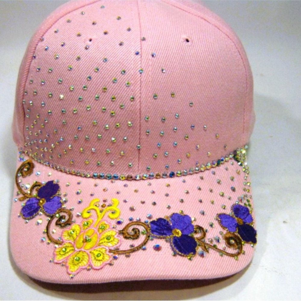Rhinestone Bling Accent Pink Floral Hip Hop Streetwear Ladies Baseball Cap Hat
